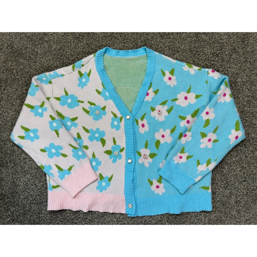 Floral Colorblock Cardigan Women XXL Blue Pink Pearl Kawaii Soft Girl Grandma